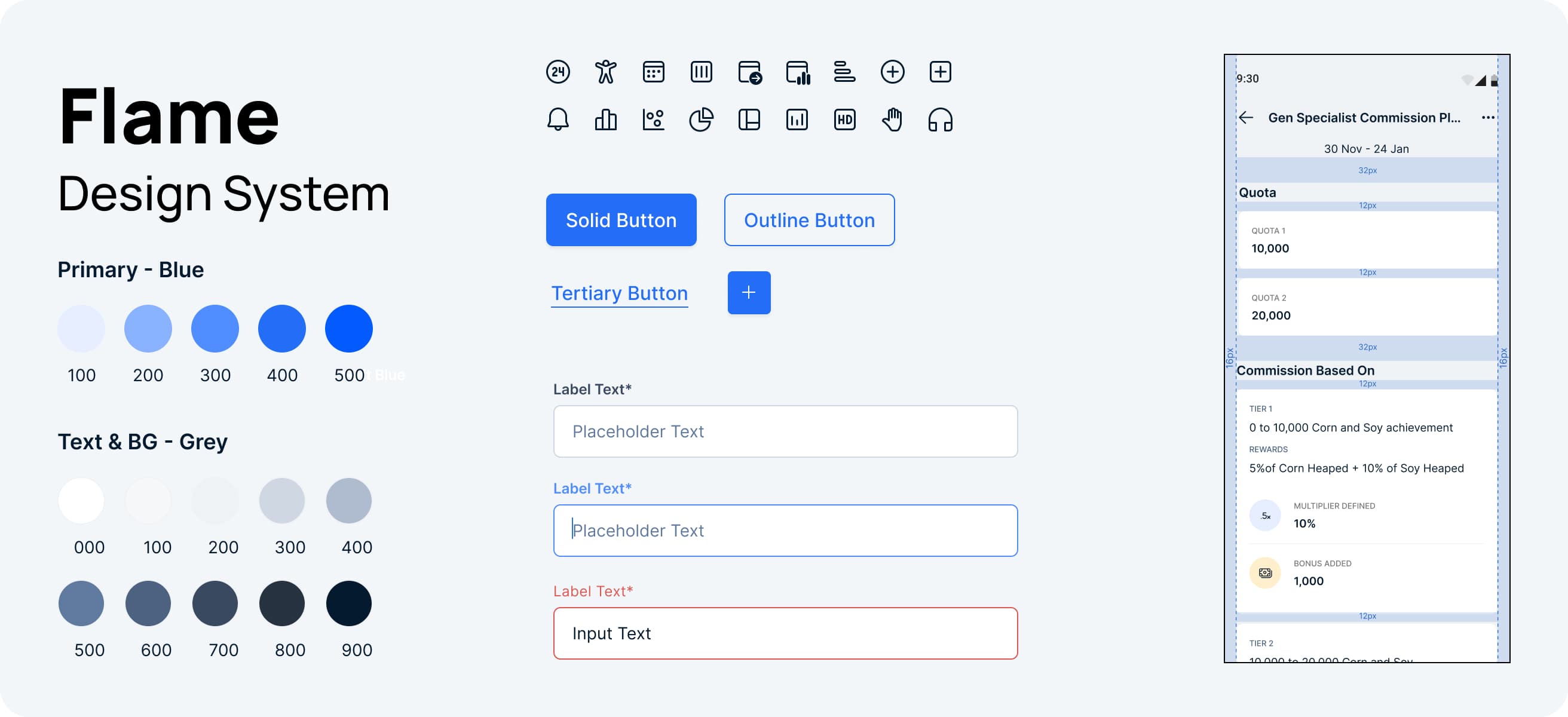 Flame Design System — colors, buttons, forms
