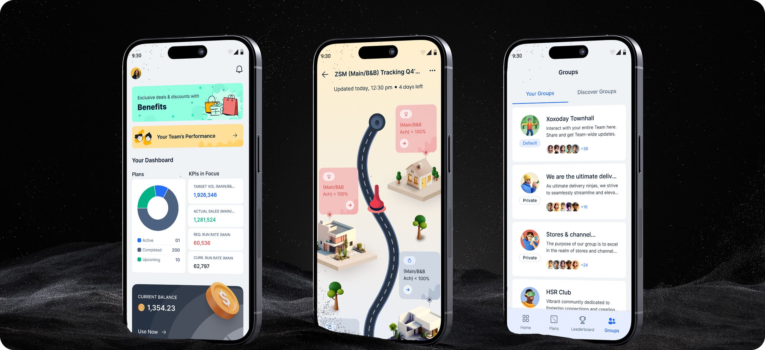 Compass Mobile App - Dashboard, Plans and Groups screens